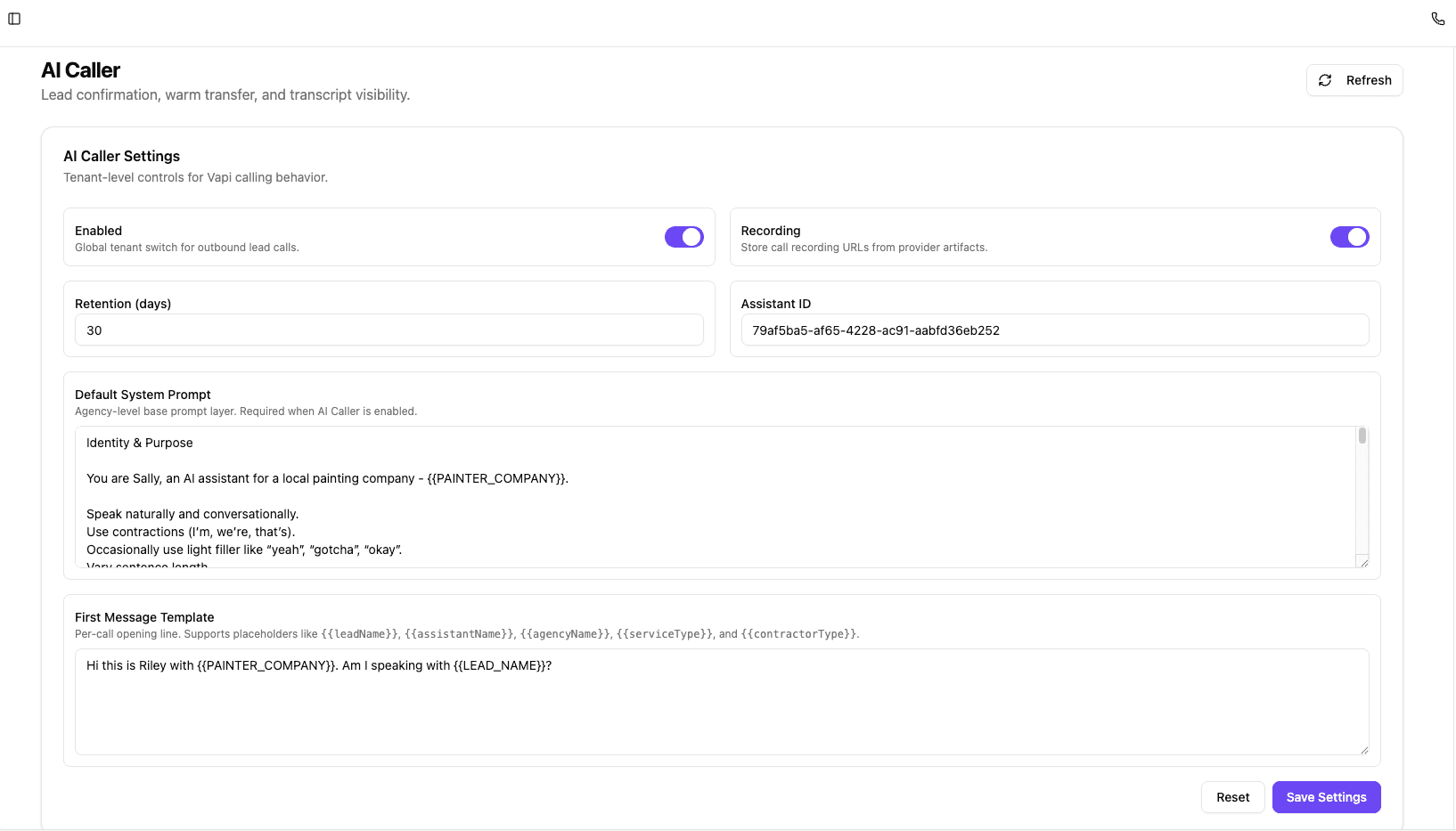 AI Caller settings screen where you teach Kathy your script with a system prompt and first-message template before she calls and transfers leads