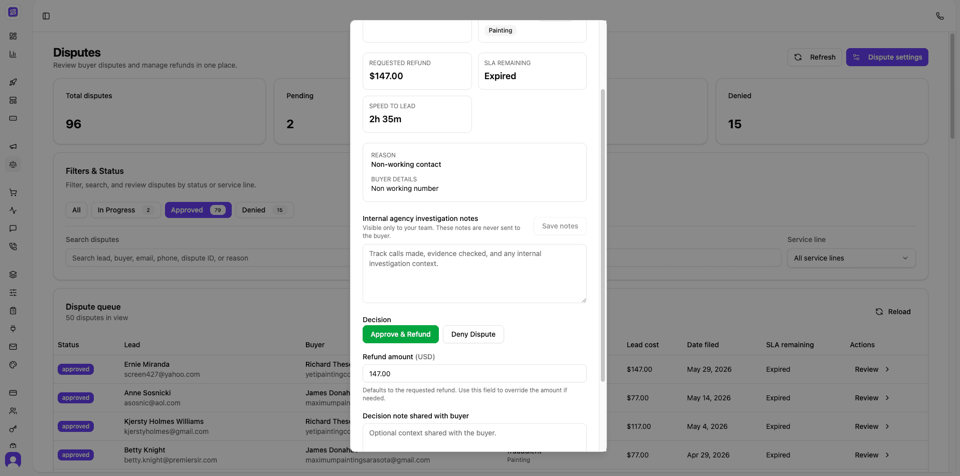 Dispute Center dashboard showing total, pending, and denied dispute counts with a review panel displaying the requested refund, SLA remaining, dispute reason, and one-click Approve & Refund or Deny Dispute buttons