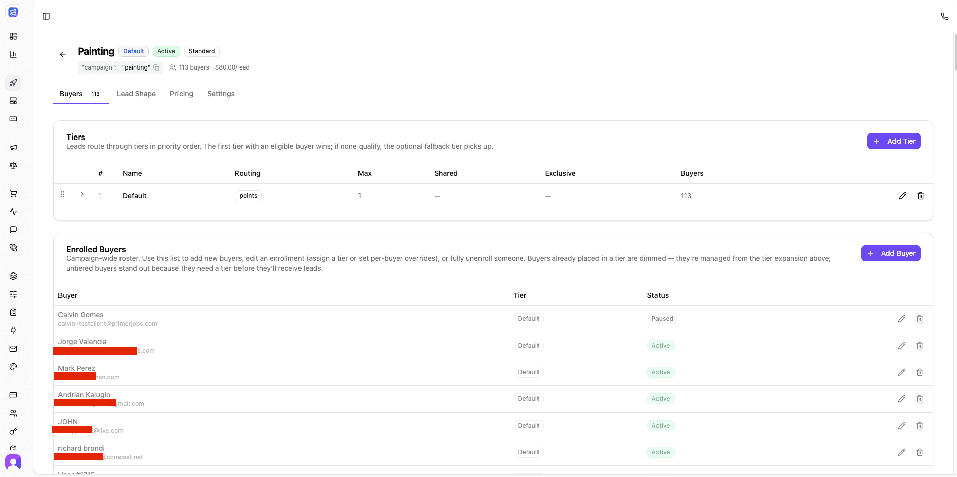 Distribution engine campaign screen for a Painting campaign showing routing tiers in priority order, points-based routing, and an enrolled-buyers roster with tier and status for each buyer