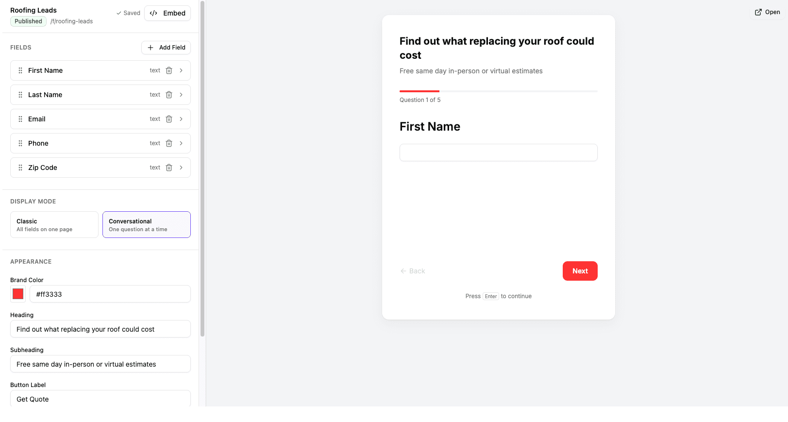 Drag-and-drop quiz builder showing a roofing lead quiz with editable fields, display modes, brand color, and a live conversational preview